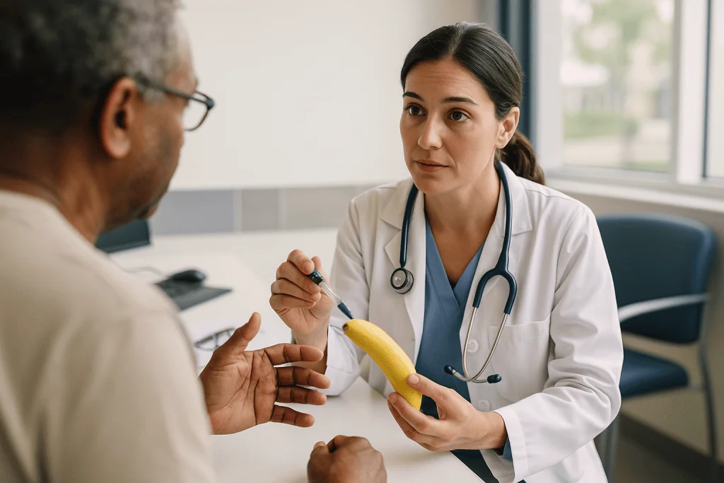 Doctor showing banana to patient during consultation: Wet vs dry macular degeneration: why one gets injections and the other