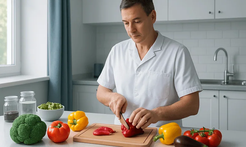 Man preparing vegetables in a modern kitchen for a healthy diet.
