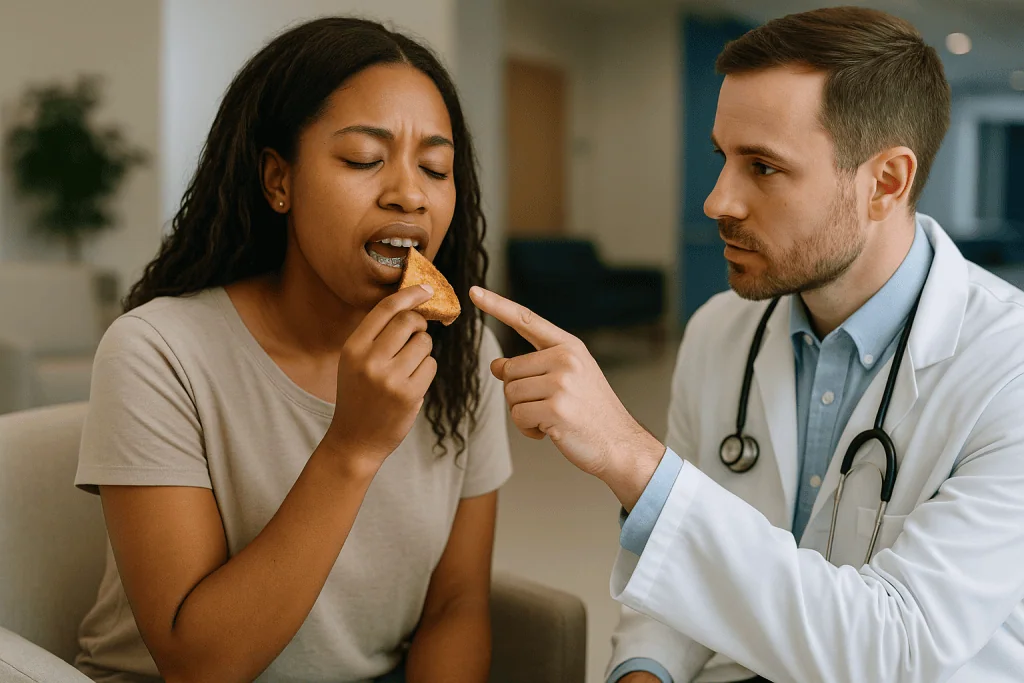 Doctor pointing at patient eating food: What a bracket actually does, and why it comes loose