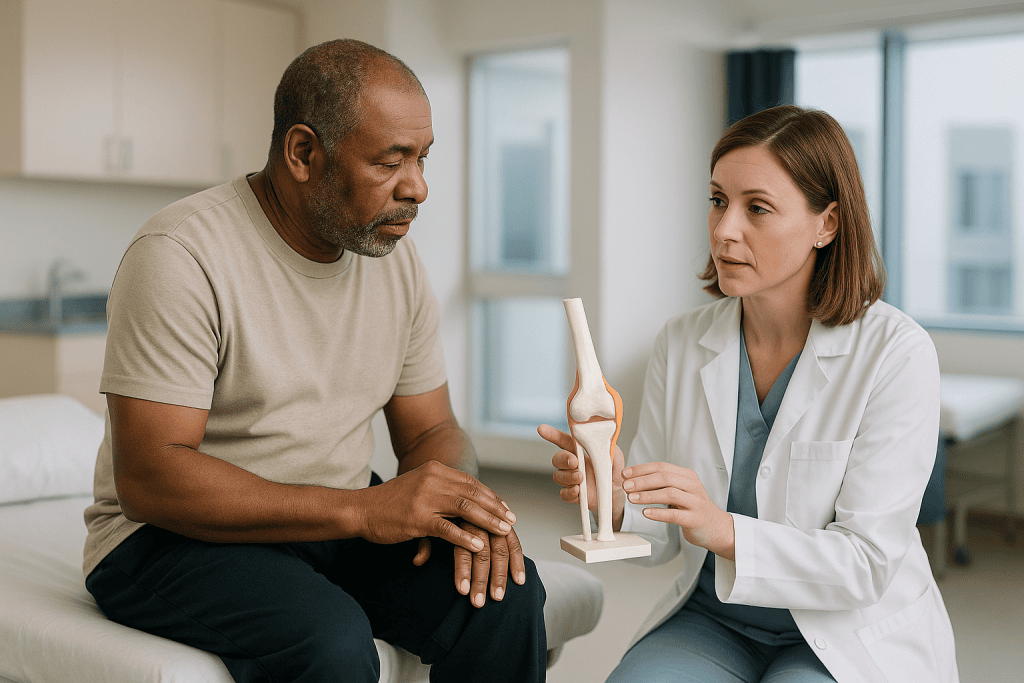 Doctor showing knee joint anatomy model to patient: What a bursa does, and what actually happens during a flare
