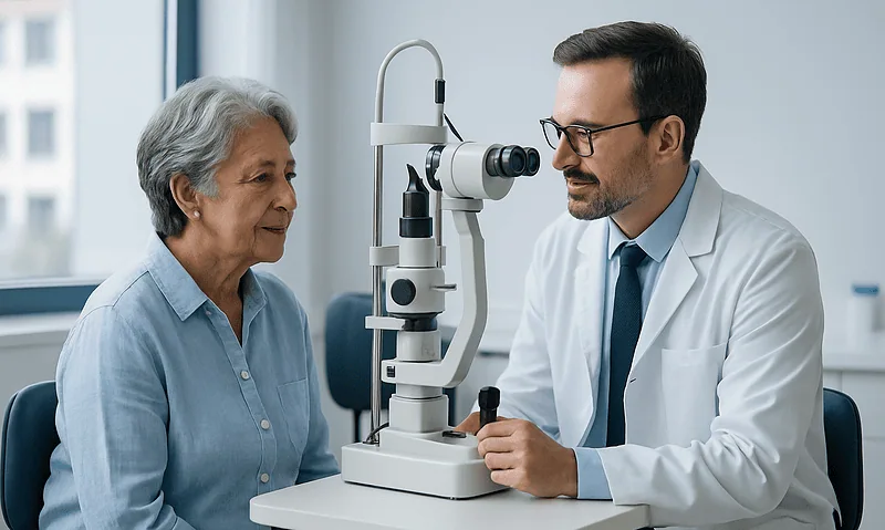 Ophthalmologist performing eye exam on elderly woman at clinic.