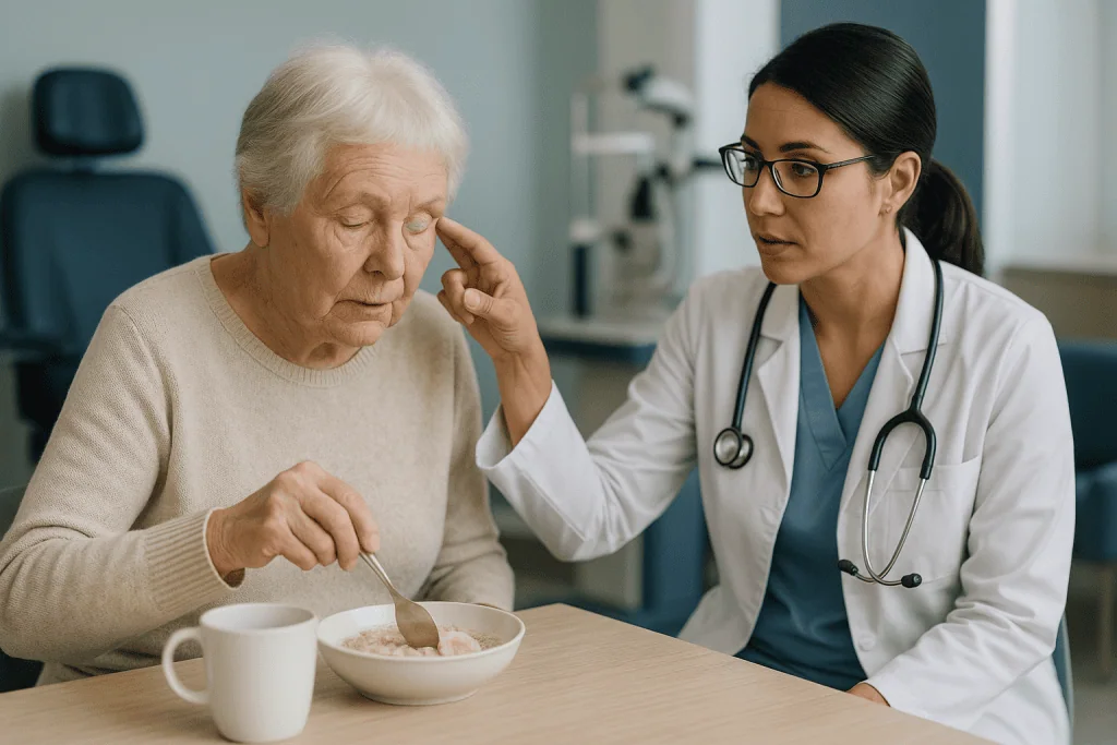 Elderly patient eating soup with doctor consultation: What a cataract is actually doing inside your eye