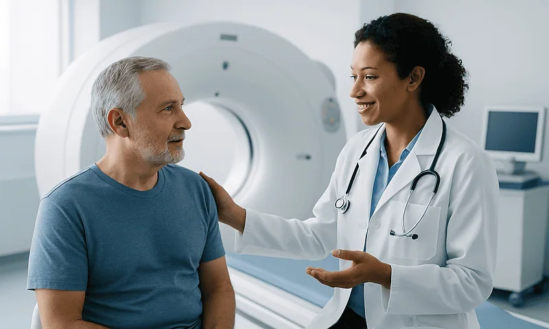 Doctor discussing CT scan results with a patient in a medical facility.