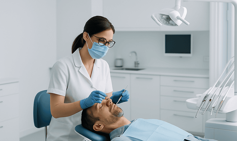 Dentist performing a dental filling procedure on a patient in a modern clinic.