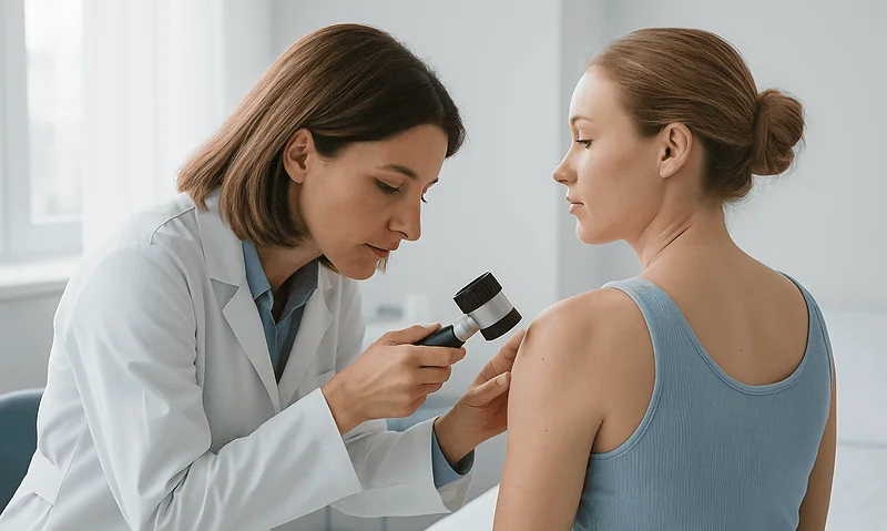 Dermatologist examining a patient's shoulder with a dermatoscope in a clinic.