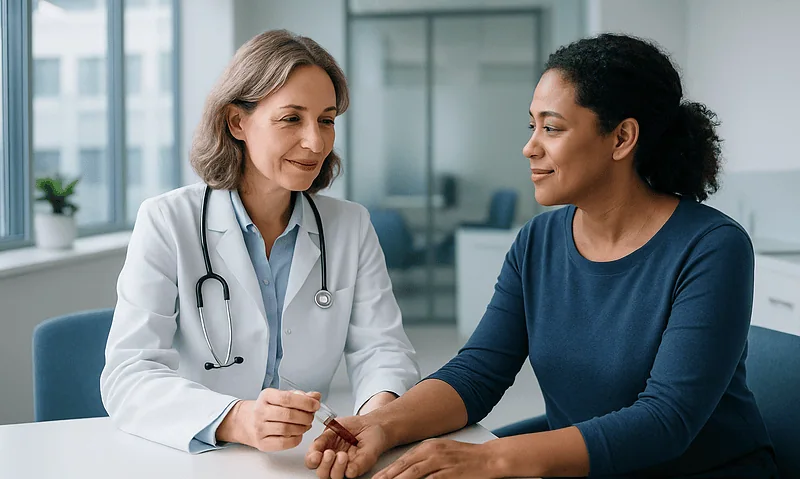 What a Full Blood Count Shows: The FBC Decoded Line by Line 3 Doctor examining a patient's wrist in a medical consultation room.