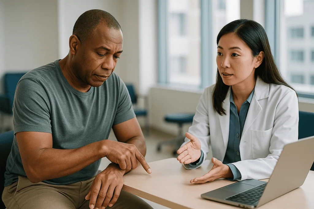 Doctor consulting with patient about wrist or arm concern: What a ganglion cyst actually is and how it forms