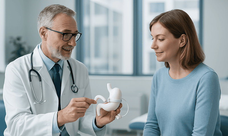 Doctor explaining gastric band model to patient in clinic setting.