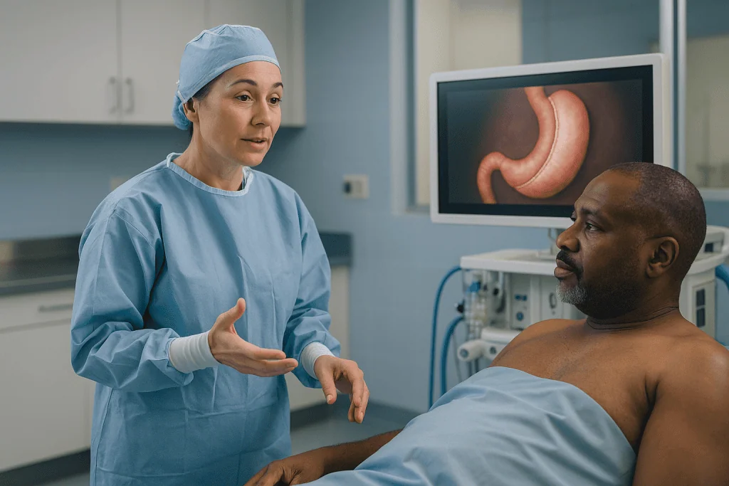 Doctor consulting male patient in clinical setting: What a gastric sleeve involves inside the operating room