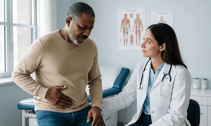 Doctor examines man with abdominal pain in a medical clinic.