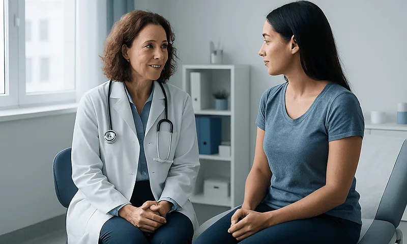 Doctor consulting with a patient in a modern medical office.