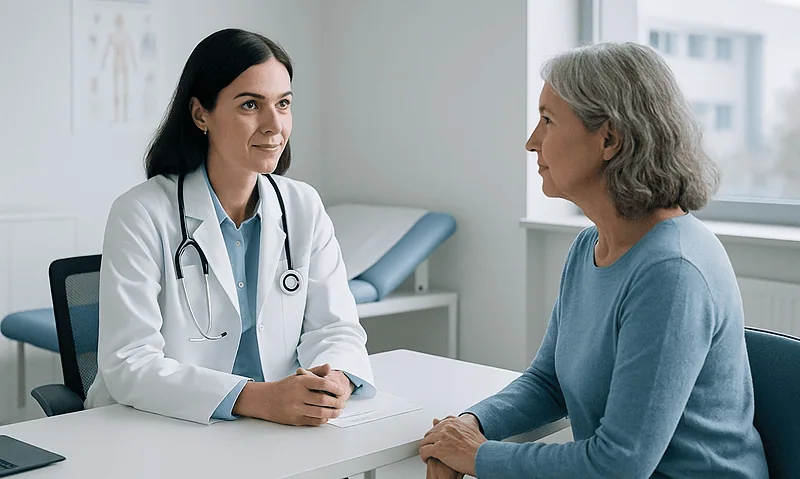 Doctor consulting with an elderly female patient in a medical office.
