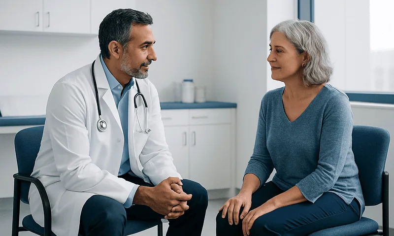 Doctor consulting with an elderly female patient in a medical office.