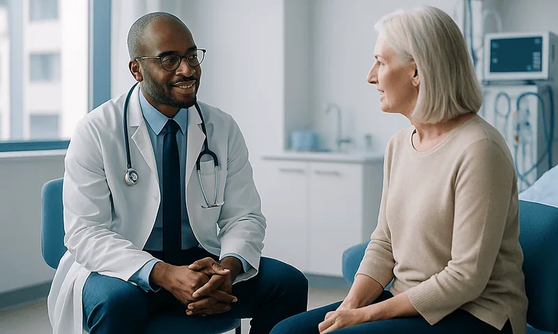 Nephrologist consulting with elderly female patient in hospital.