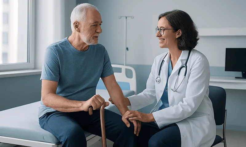 Senior patient with doctor in hospital room during neurological consultation.