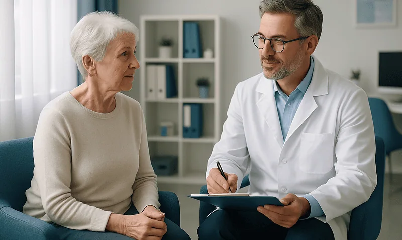 Neuropsychologist consulting with elderly patient in a clinical setting.