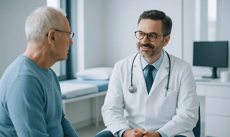 Neurosurgeon consulting with an elderly patient in a hospital room.