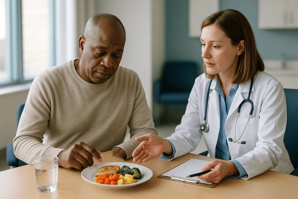 Doctor consulting patient about nutrition and meal plate: What a nutrition assessment actually involves