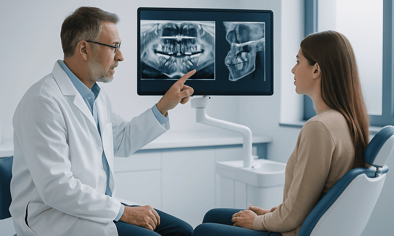 Dentist explains panoramic X-ray of impacted tooth to patient.