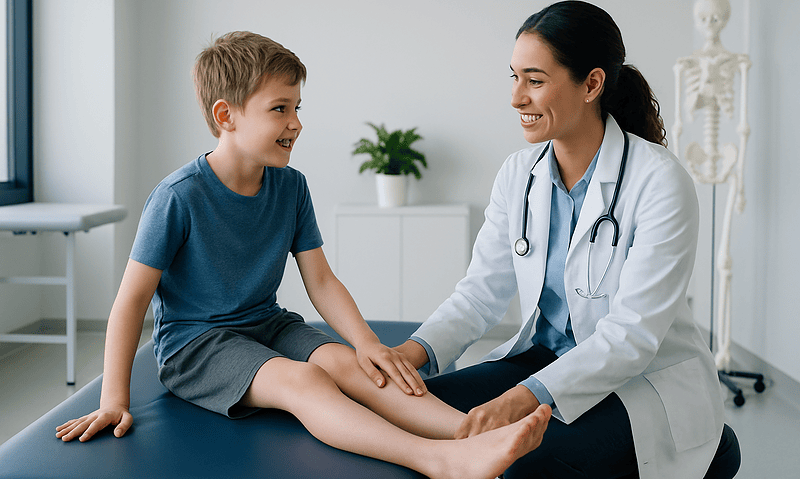Pediatric physical therapy session with a doctor and young patient in clinic.