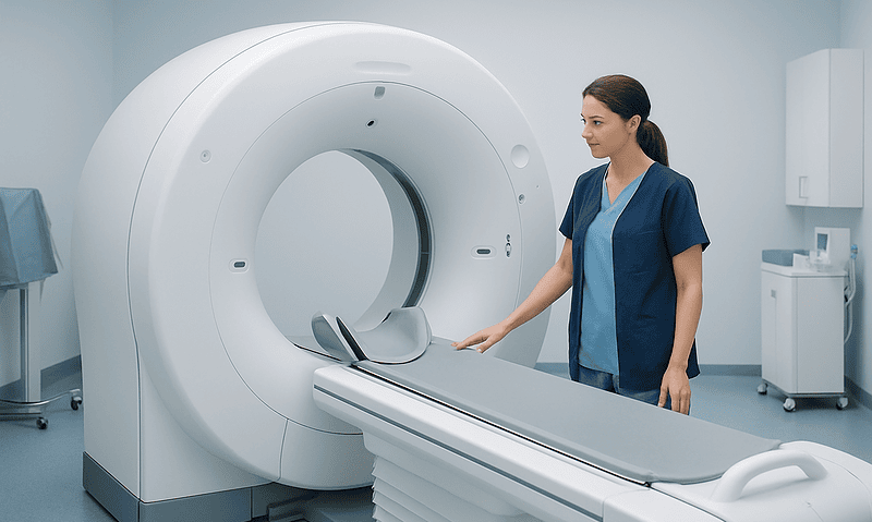 Technician prepares MRI machine in a modern hospital setting.