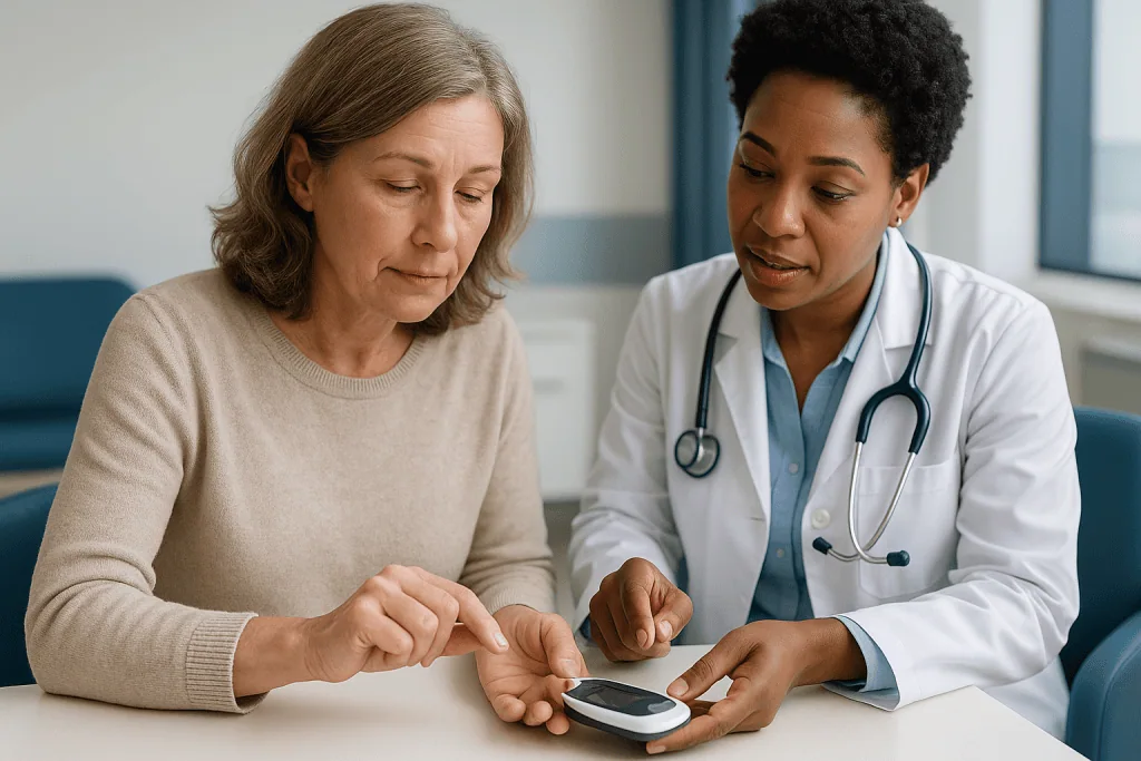 Doctor consulting patient with portable glucose/blood test meter: What a prolonged PT or high INR usually points to