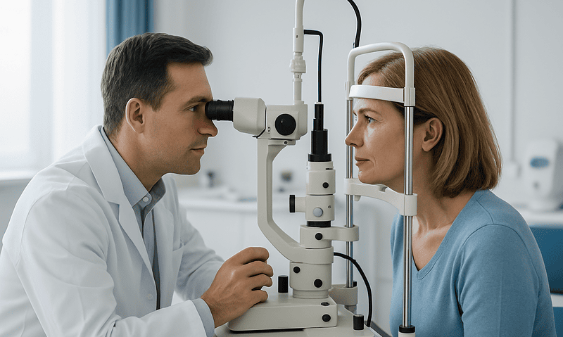 Ophthalmologist examining a patient's eye with a slit lamp in a clinical setting.
