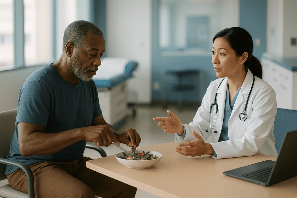 Doctor consulting patient about healthy eating with salad: What a raised PSA does and does not mean