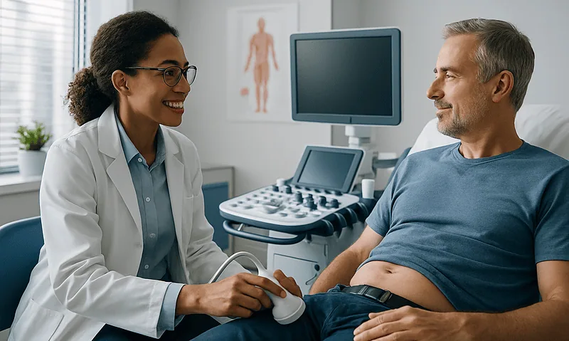 Doctor performing renal ultrasound on male patient in clinic.