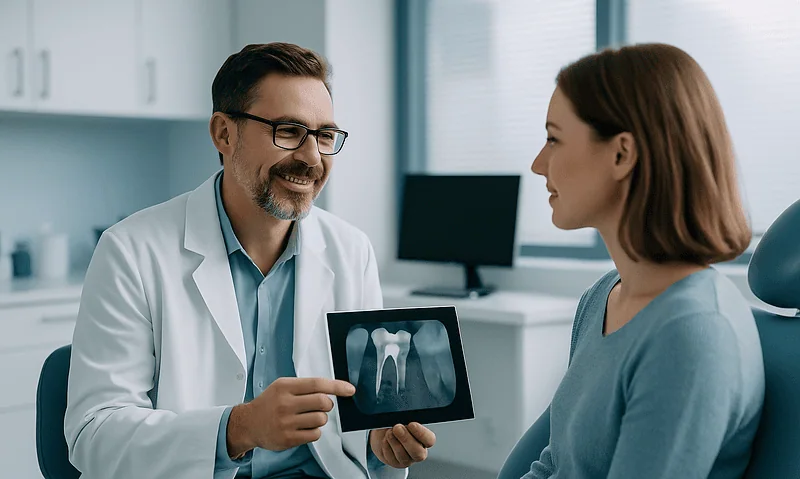 Dentist showing root canal X-ray to patient in clinic.