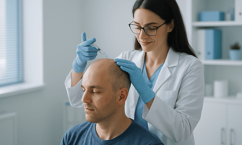 Doctor administering scalp injection for alopecia treatment in clinic.