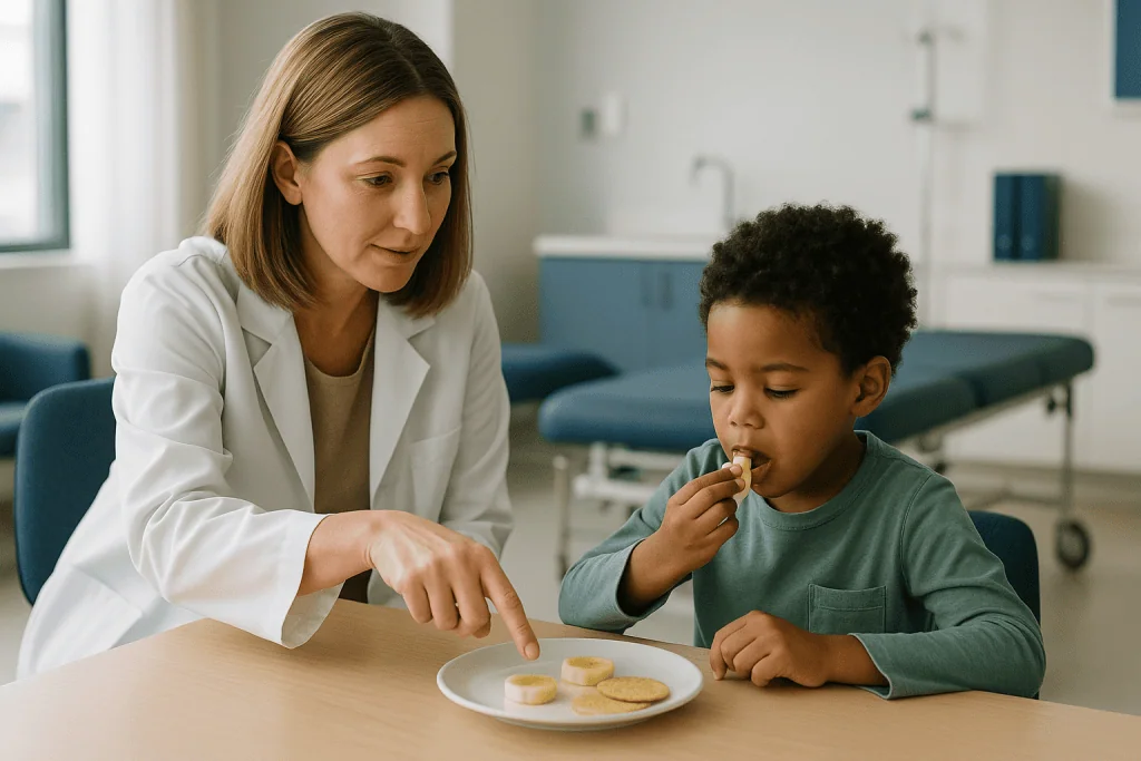 Healthcare professional with child eating snacks at table: What a sensory diet for kids actually means, and what it does not