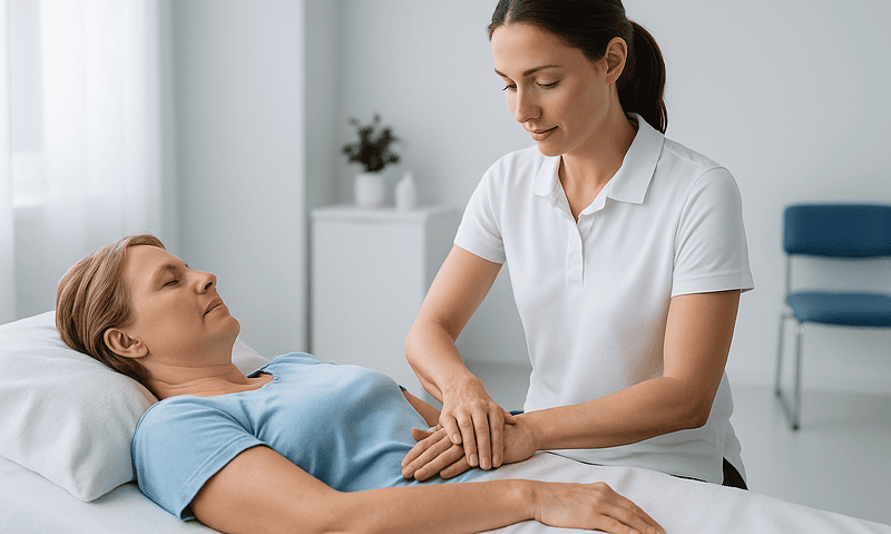 Healthcare professional performing a physical exam on a patient in a clinical setting.