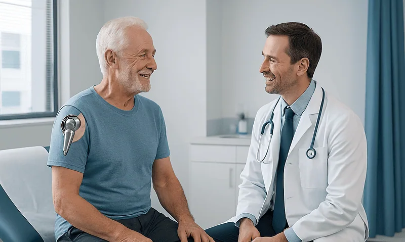 Patient and doctor discussing shoulder prosthesis in a medical consultation room.