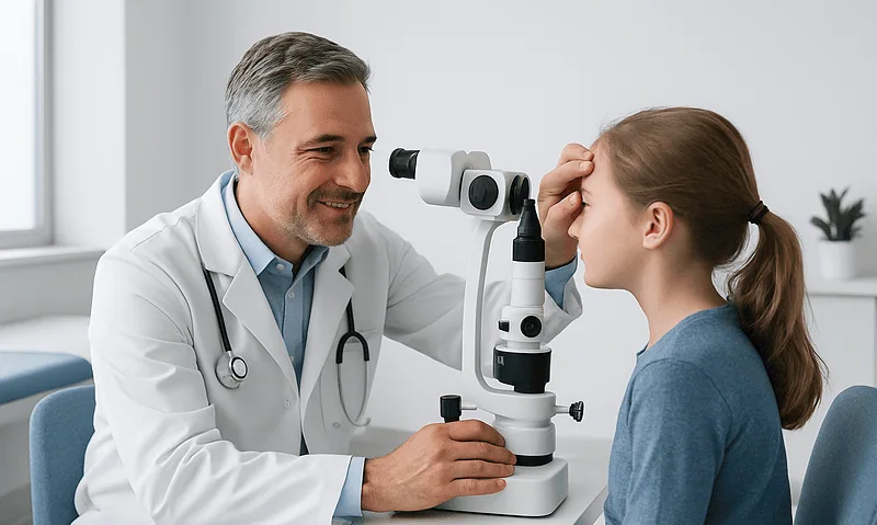 Pediatric eye exam with doctor using slit lamp at Acibadem Hospital.