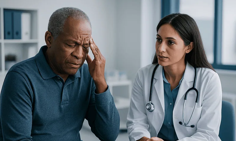 Doctor consulting with an elderly man experiencing headache symptoms.