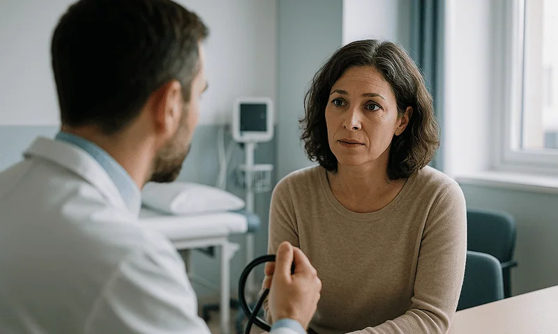 Doctor consulting a female patient in a medical office setting.