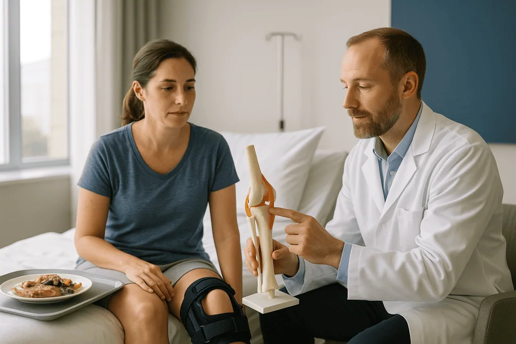 Doctor explaining knee anatomy model to patient: What ACL reconstruction actually does inside the knee