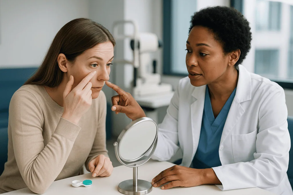 Dermatologist examining patient's facial skin condition: What actually happens at a contact lens fitting exam