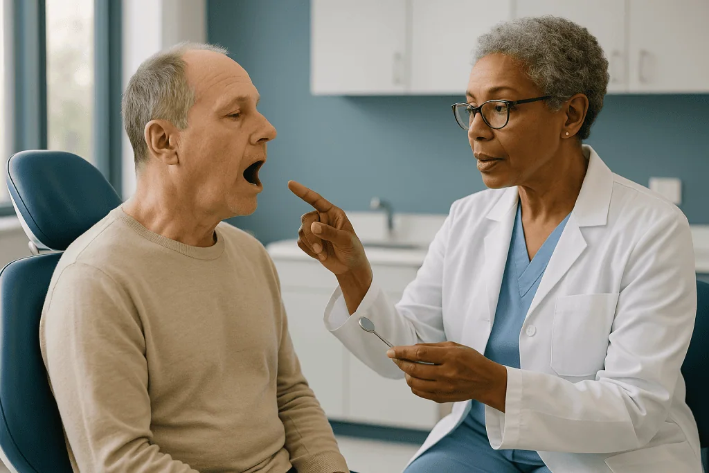 Dentist or doctor examining senior male patient's mouth: What actually happens at a dental assessment before head cancer rad
