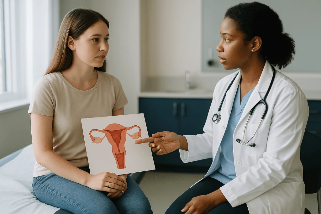 Female doctor consulting patient about reproductive anatomy — What actually happens at a first fertility evaluation