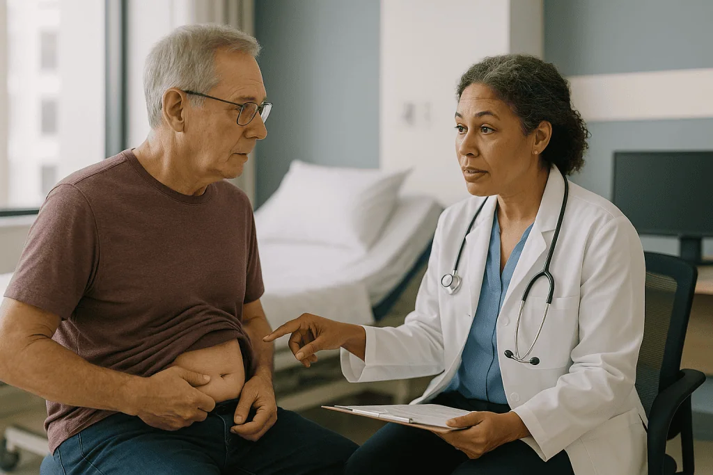 Doctor consulting with older male patient in clinic: What actually happens at a kidney cancer follow-up visit