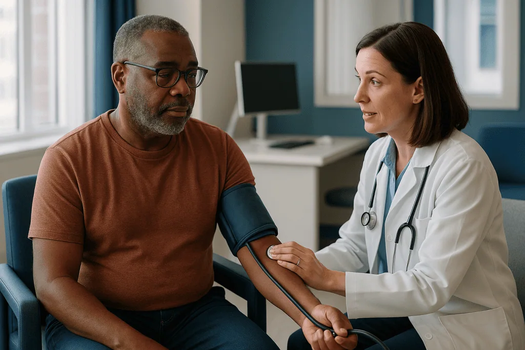 Doctor taking patient's blood pressure during consultation: What actually happens at a monitoring visit?