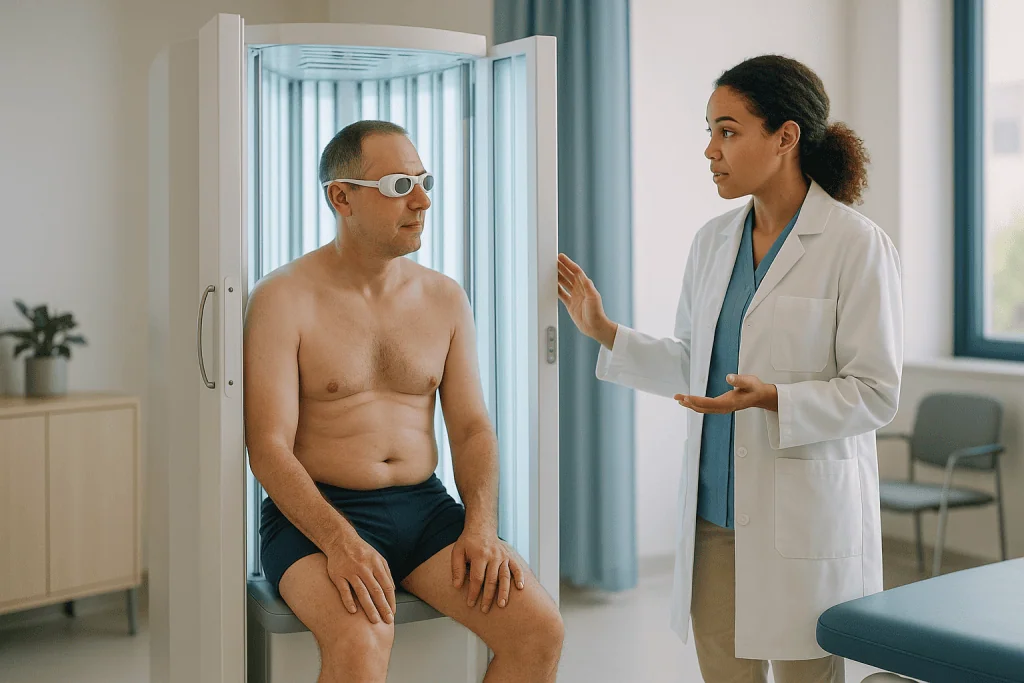 Dermatologist consulting male patient in clinical setting: What actually happens at a phototherapy session, step by step