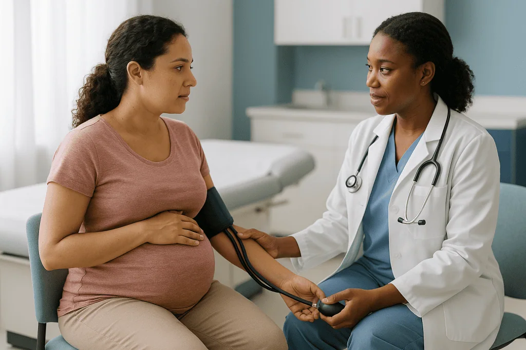 Pregnant woman having blood pressure checked by doctor: What actually happens at a pregnancy monitoring visit