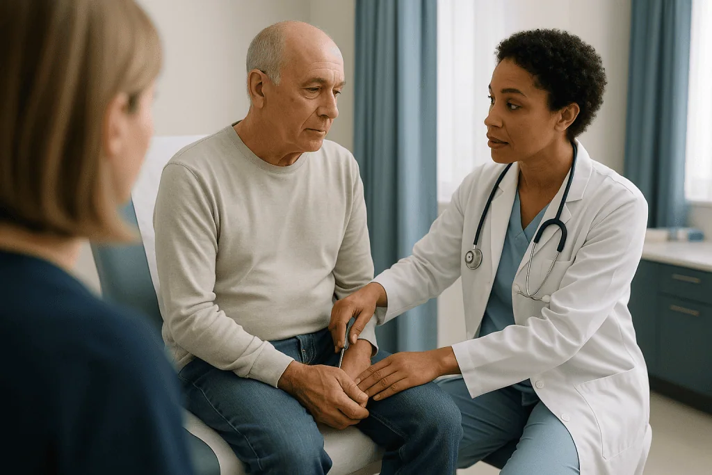 Doctor examining patient's arm during consultation: What actually happens during a bone marrow biopsy for marrow failure