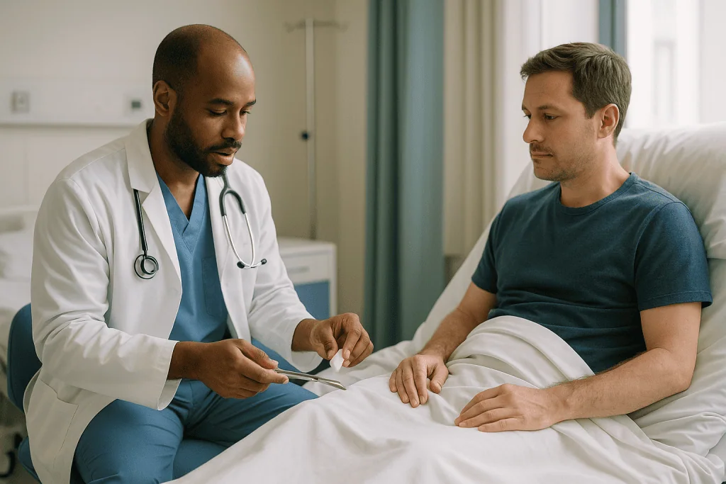 Doctor consulting with male patient in hospital room — What actually happens during a circumcision, and why the wound looks t