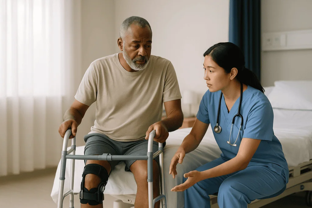 Healthcare provider discussing knee brace recovery with patient: What actually happens during a complex reconstruction