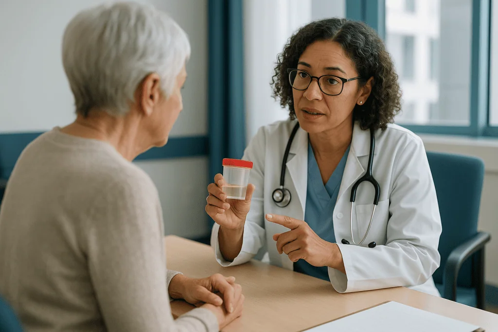 Doctor consulting with elderly patient, holding specimen container: What Actually Happens During a Complicated UTI Work-Up