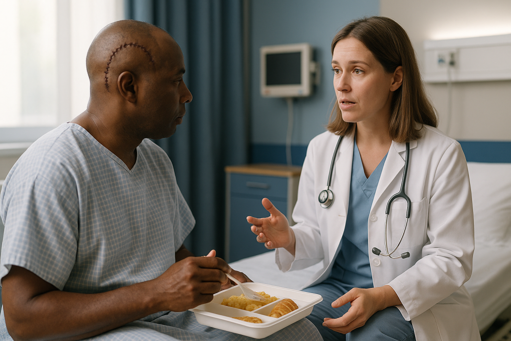 Doctor consulting patient about diet in hospital room: What actually happens during a craniotomy, and why it matters at alti